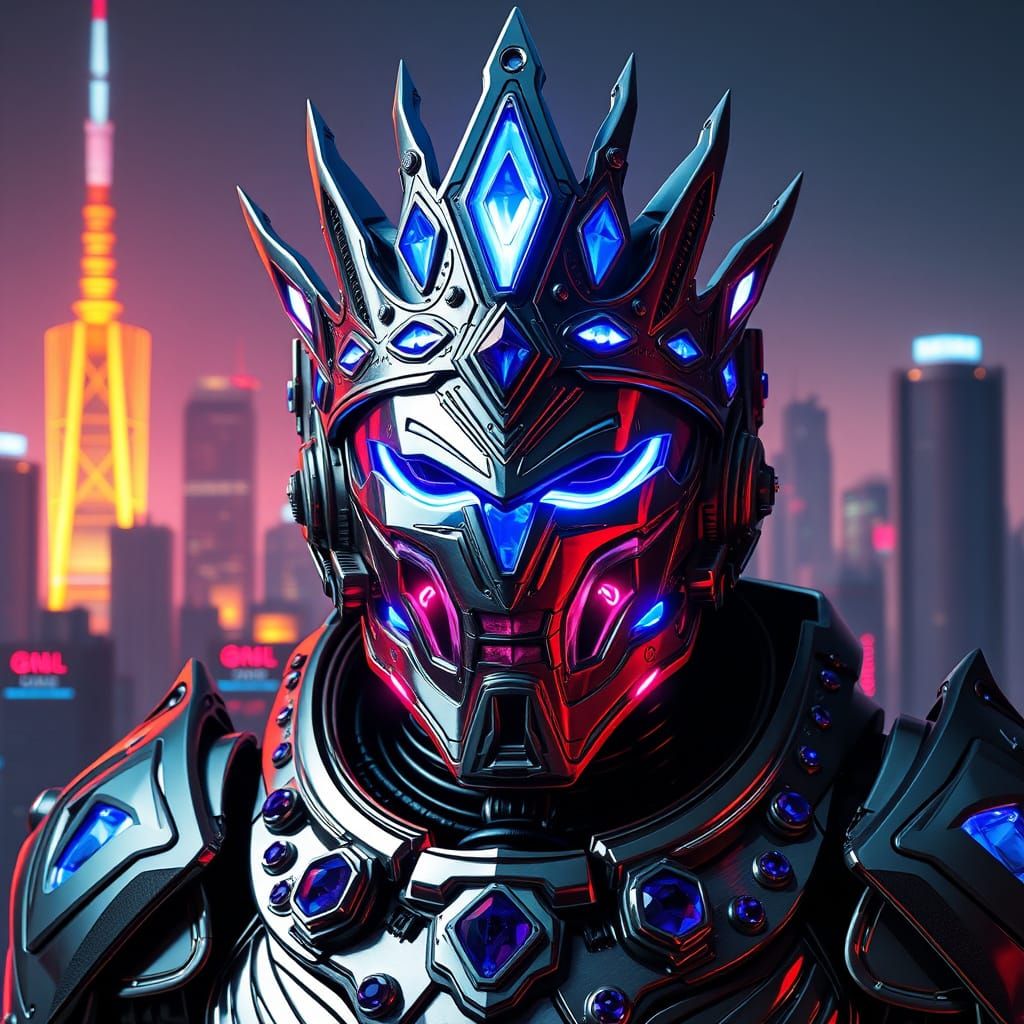 Cyberpunk Overlord in Chrome Armor with Neon Cityscape