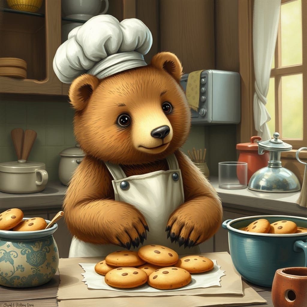 Bear Chef Baking Cookies in Whimsical Illustration Style