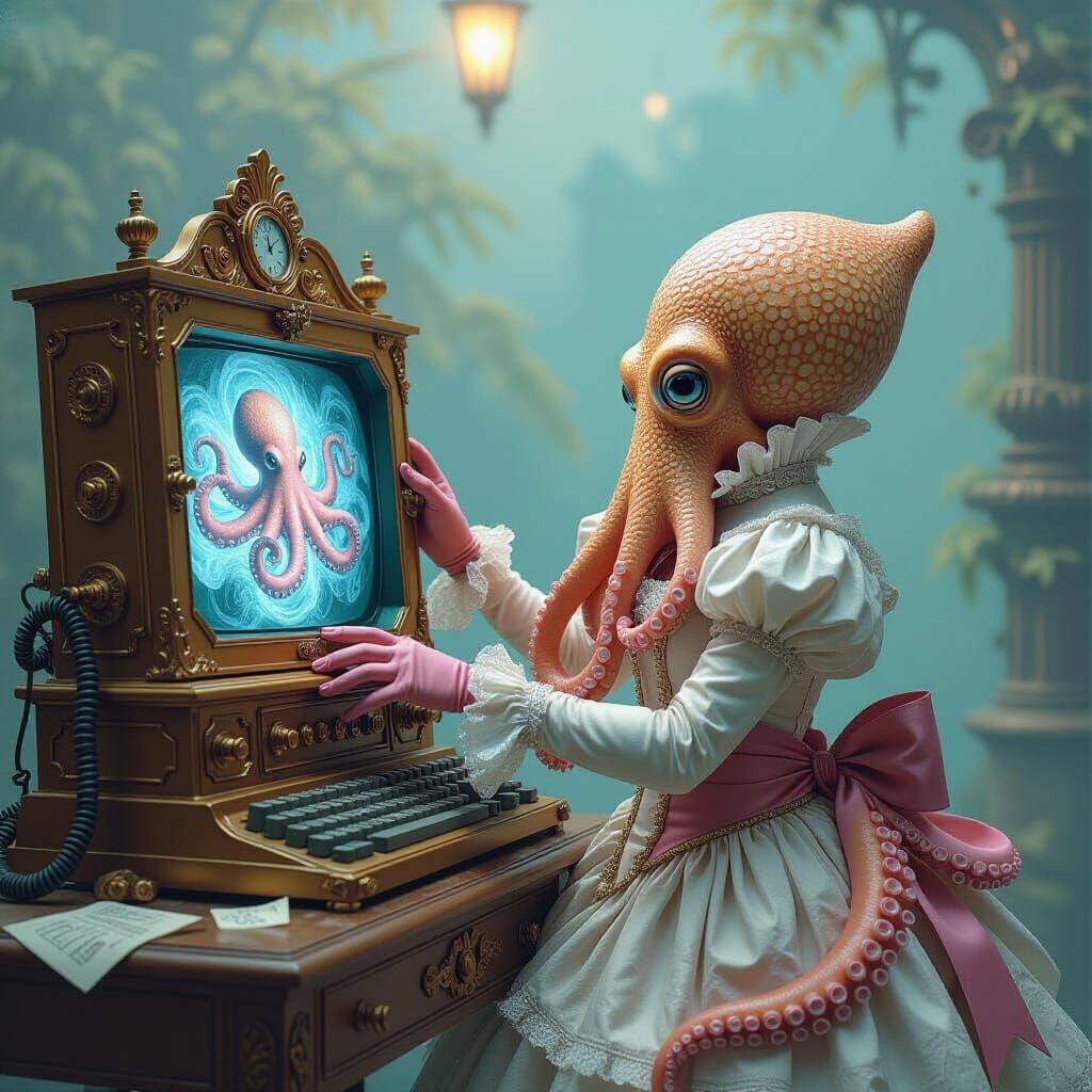 Octopus Interacting with Computer in Ethereal Mist