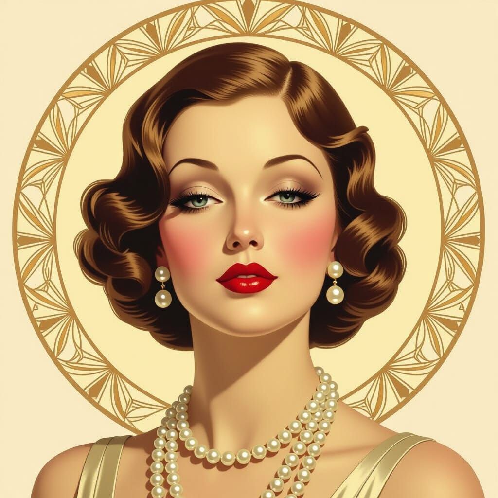 Art Deco Woman Adorned in Pearls, Geometric Halo