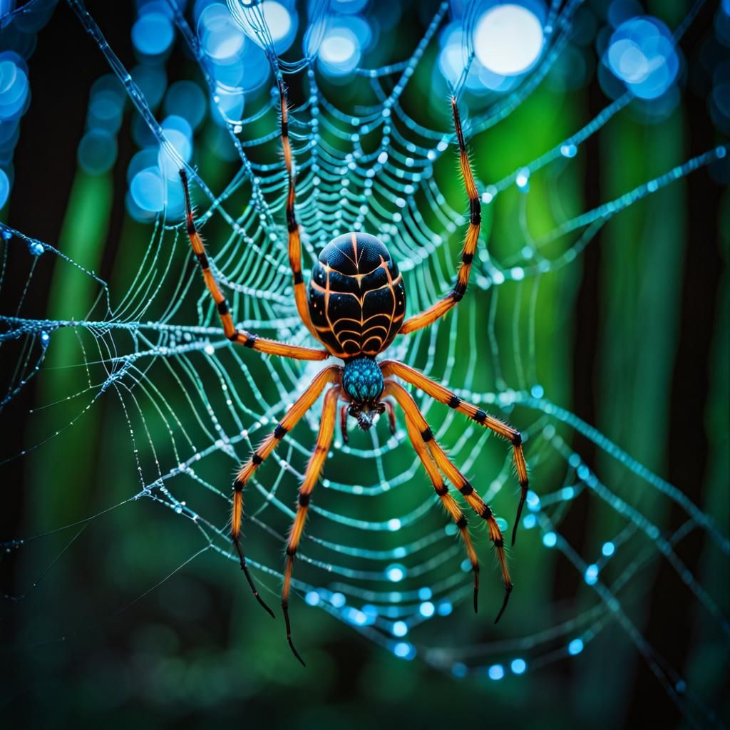Bioluminescent Spider Weaving Web in Alien Forest