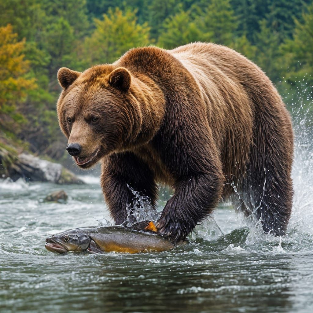 Bear Catches Salmon in River