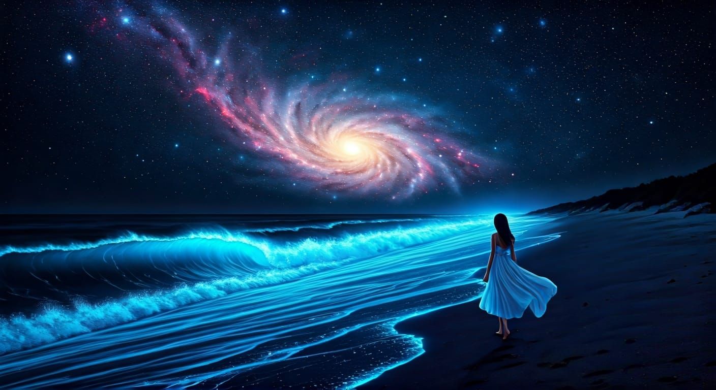 Ethereal Bioluminescent Beach at Night