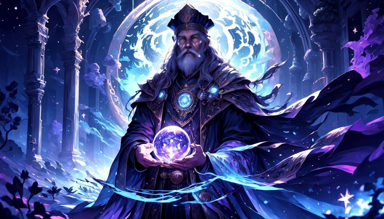Wizard Before Cosmic Gateway in Crystalline Robe