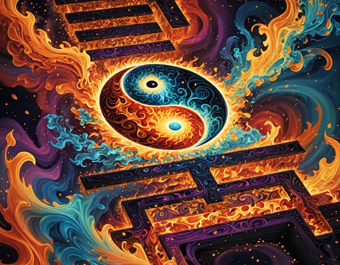 Cosmic Yin Yang in Flames: Surreal Digital Art