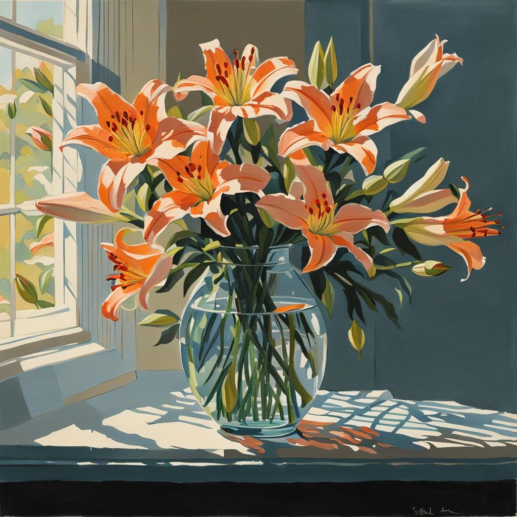 Vase of Lilies and Roses in Gouache Style
