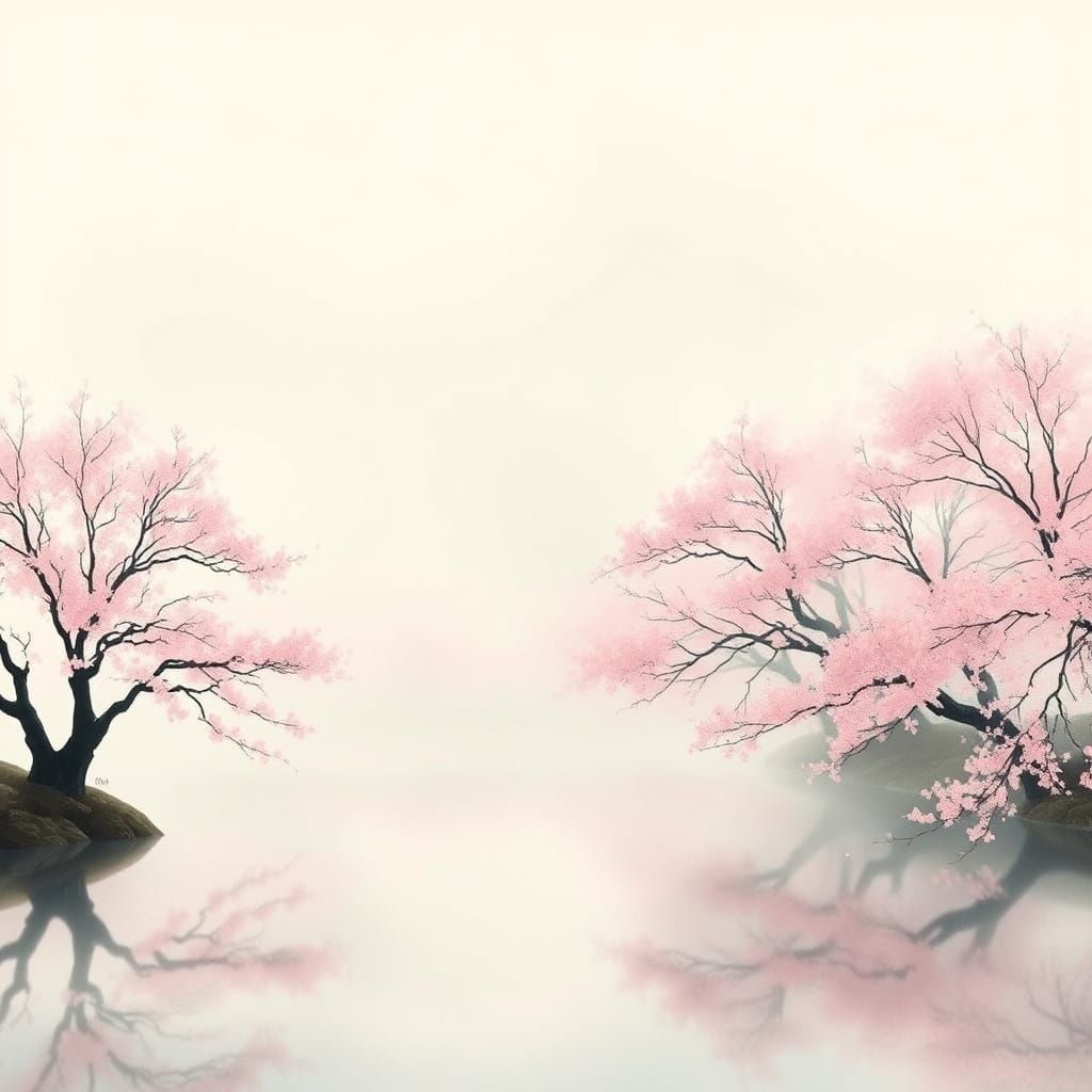 Sakura Trees Reflected in Serene Lake, Japanese Ink Painting...