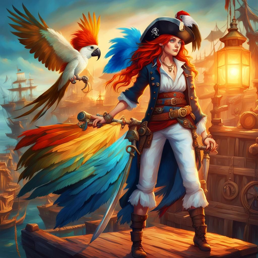 Red-Haired Girl Pirate with Parrot: Fantasy Art