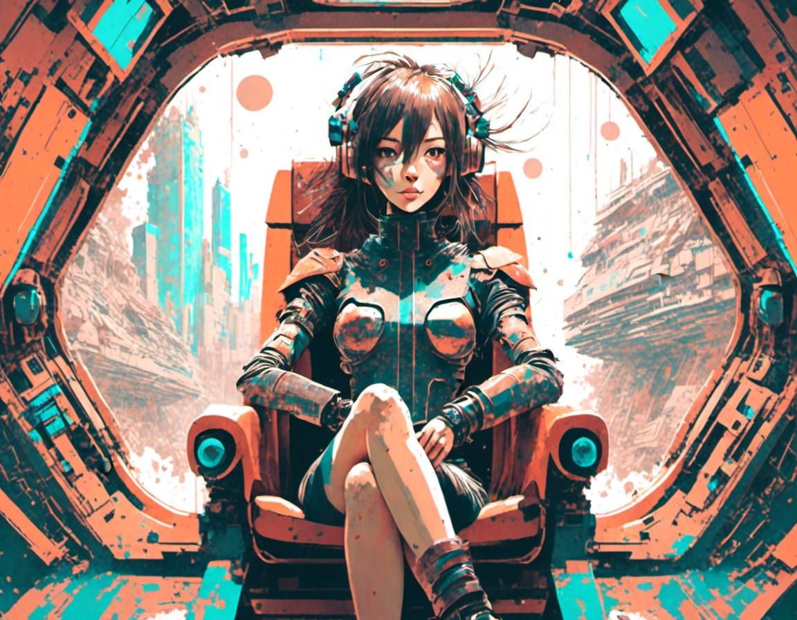 Cyberpunk Anime Cyborg Warlord in Spaceship