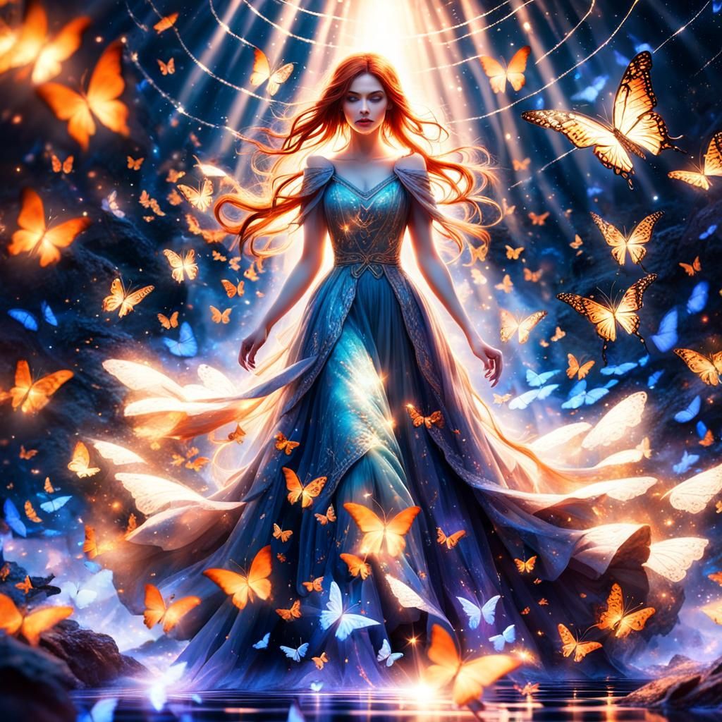 Woman in Dress Surrounded by Butterflies in Fantasy Style