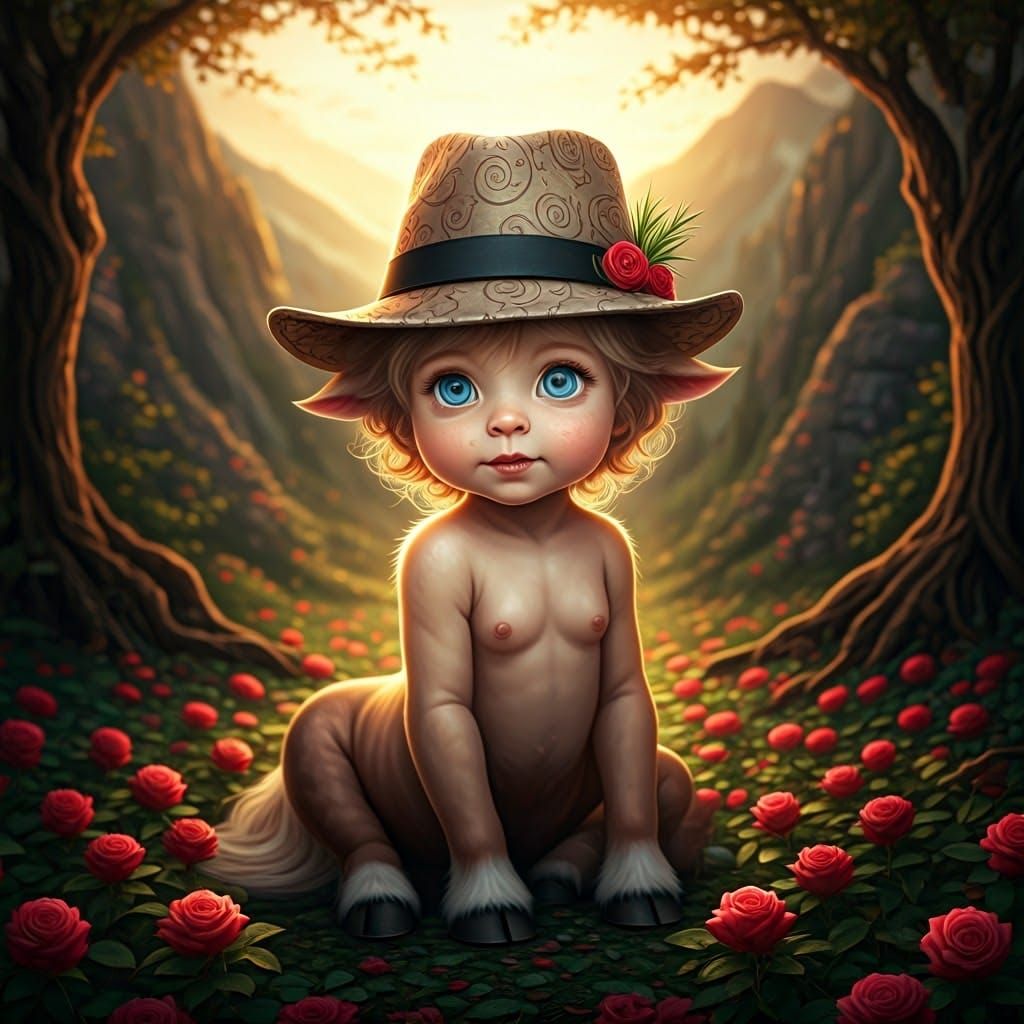 Baby Centaur in Roses, Storybook Illustration