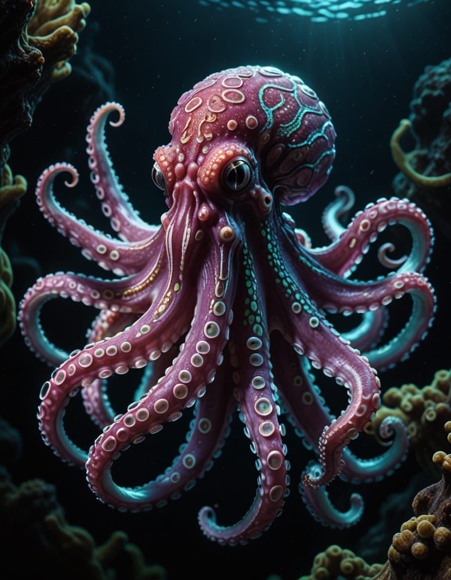 Octopus with Neon Bioluminescent Patterns in Deep Sea