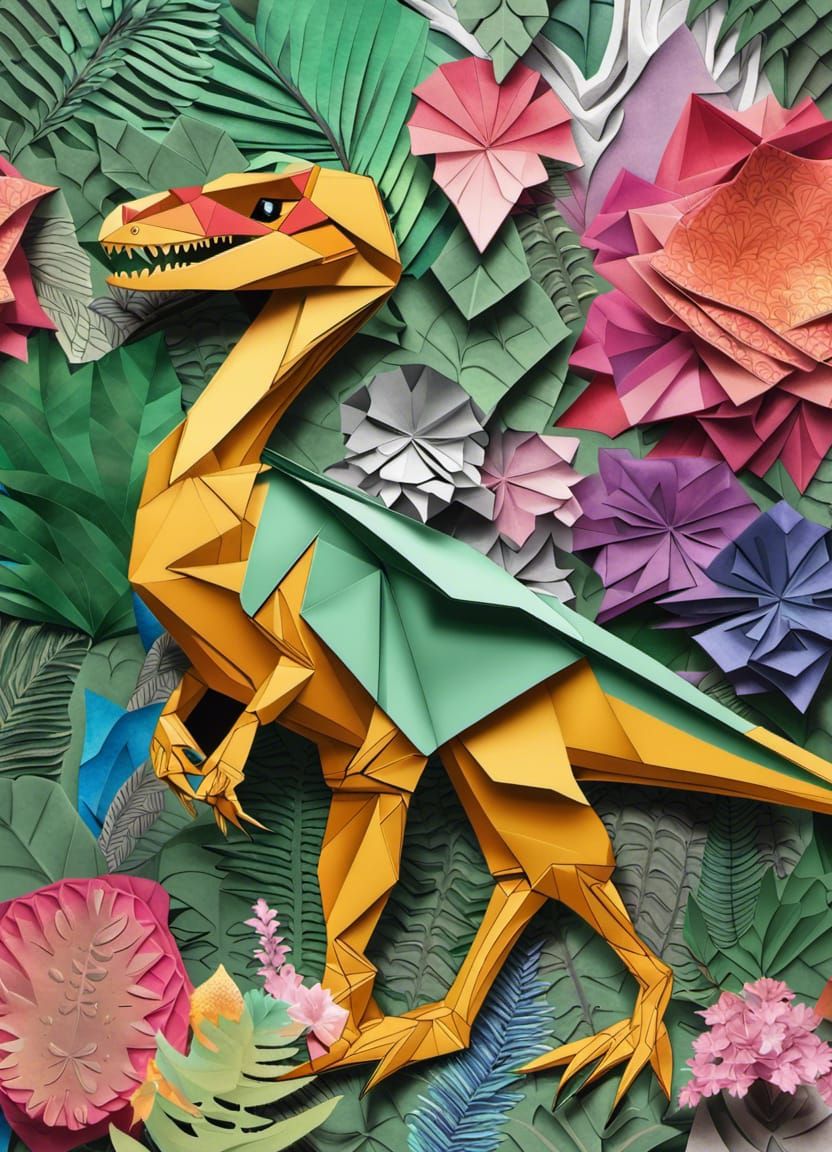 Intricate Origami Velociraptor in Maximalist Collage