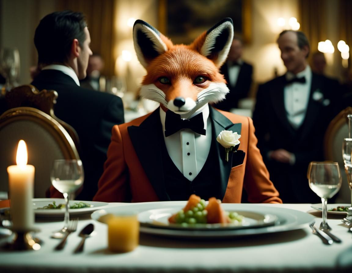 Fox in Tuxedo at Dinner Party: Cinematic Film Still