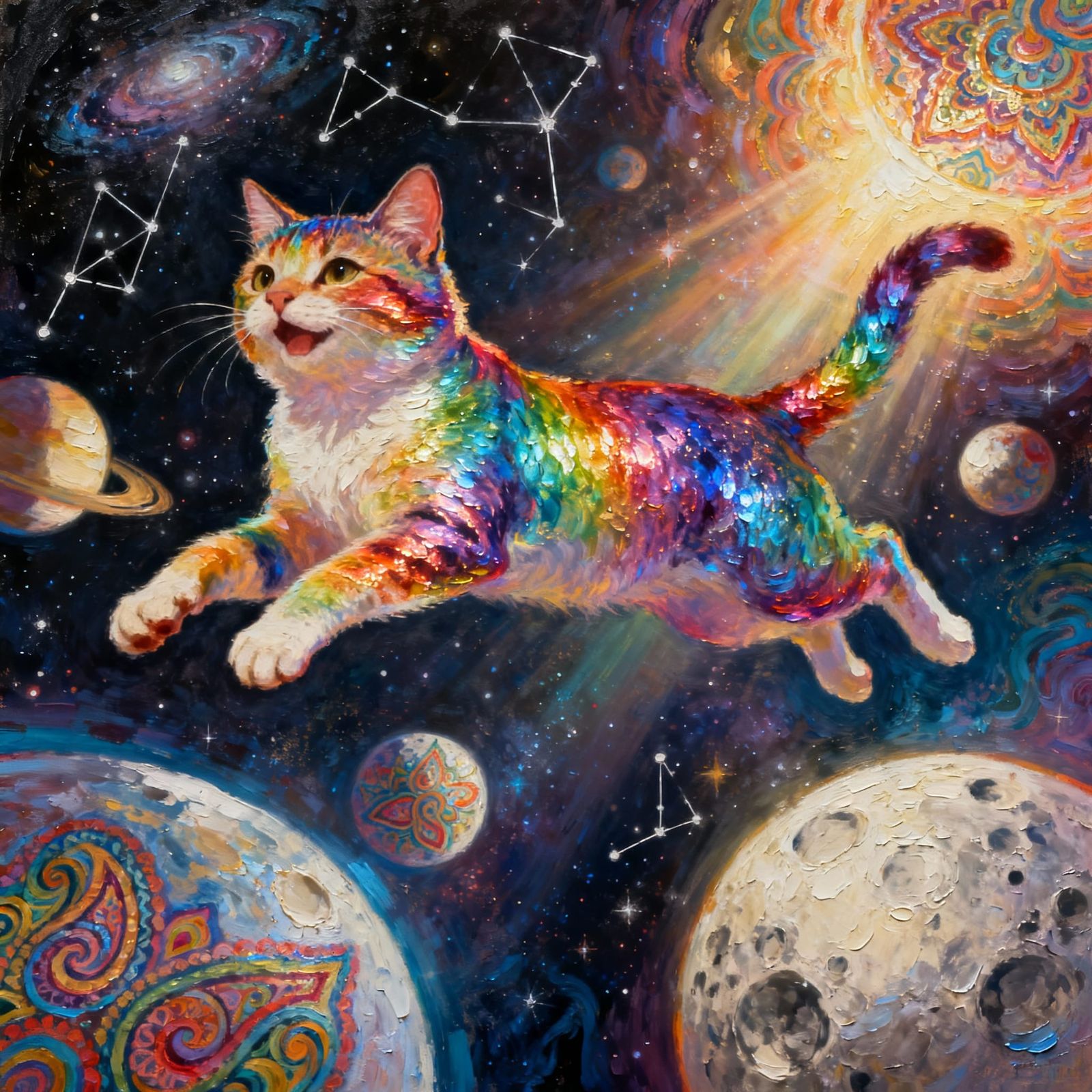Joyful Rainbow Cat Leaping Through Cosmic Dreamscape