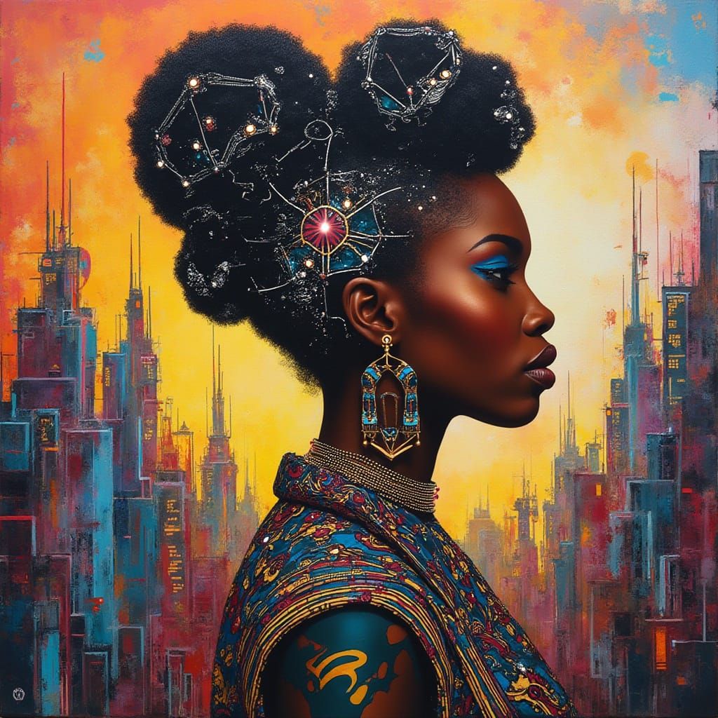 Regal African Queen with Afrofuturistic Adornments in Graffi...