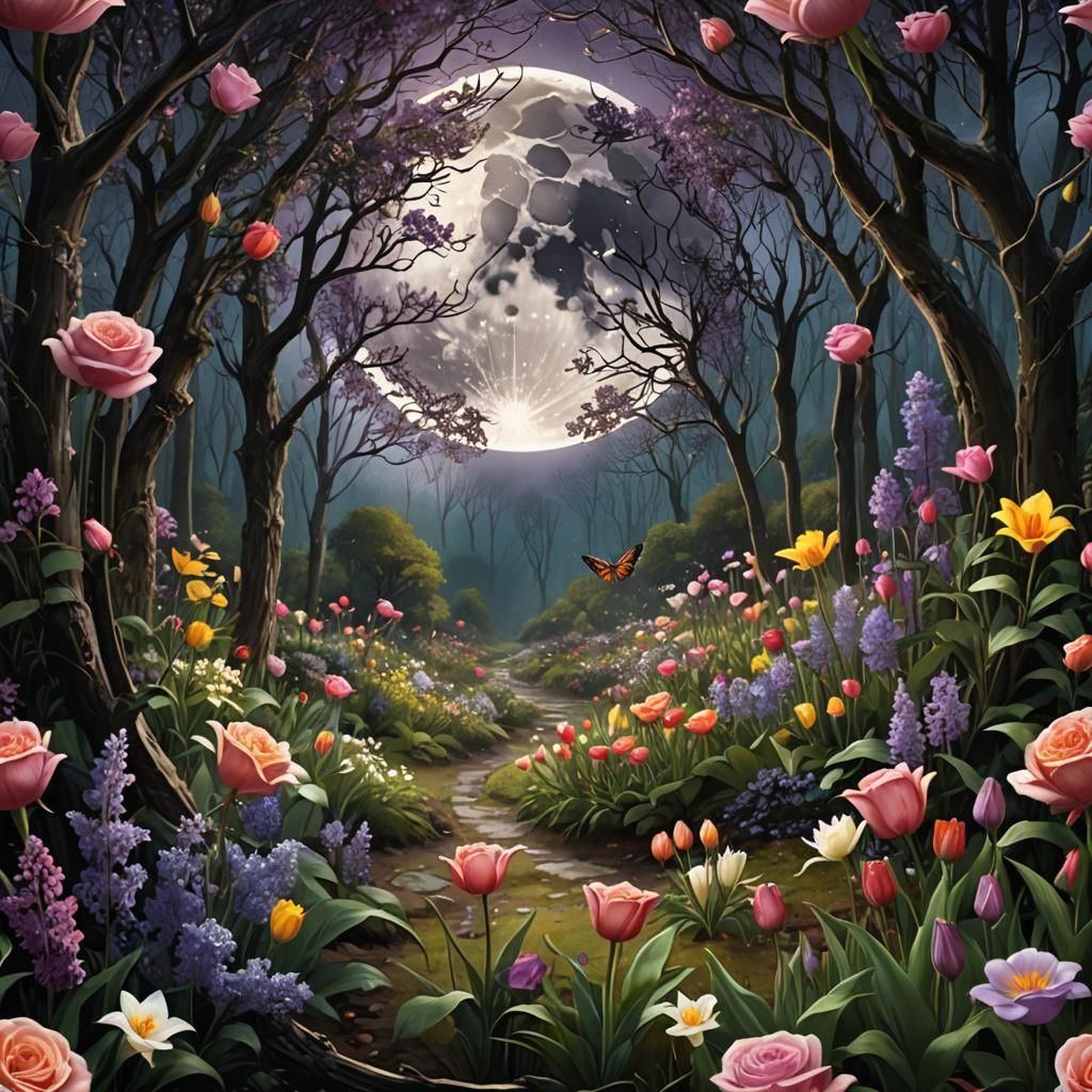 Eerie Moonlight Shines on Mythpunk Forest Garden