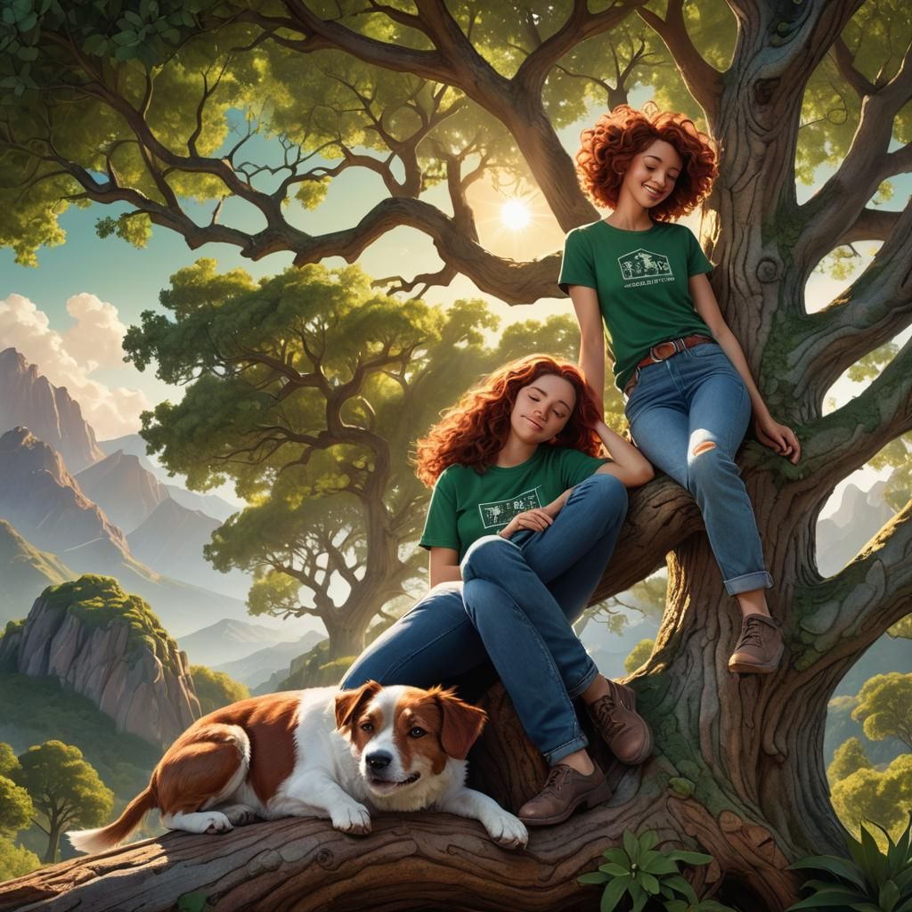 Woman Sleeping in Oak Tree in Fantasy Style