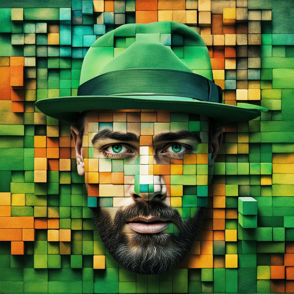 Cubist Portrait on Rusted Green Wall, Art Nouveau Style