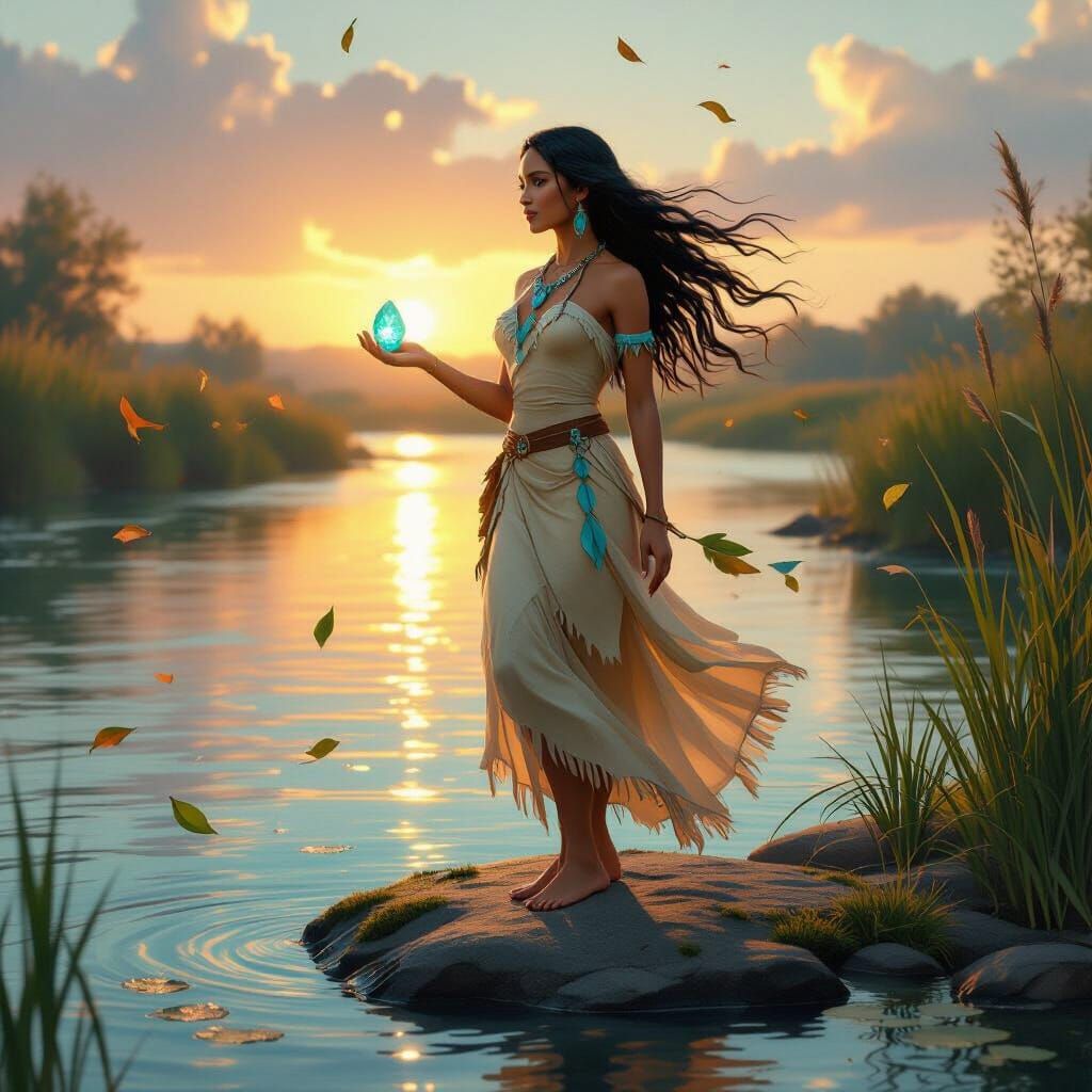 Pocahontas Standing by River at Sunset