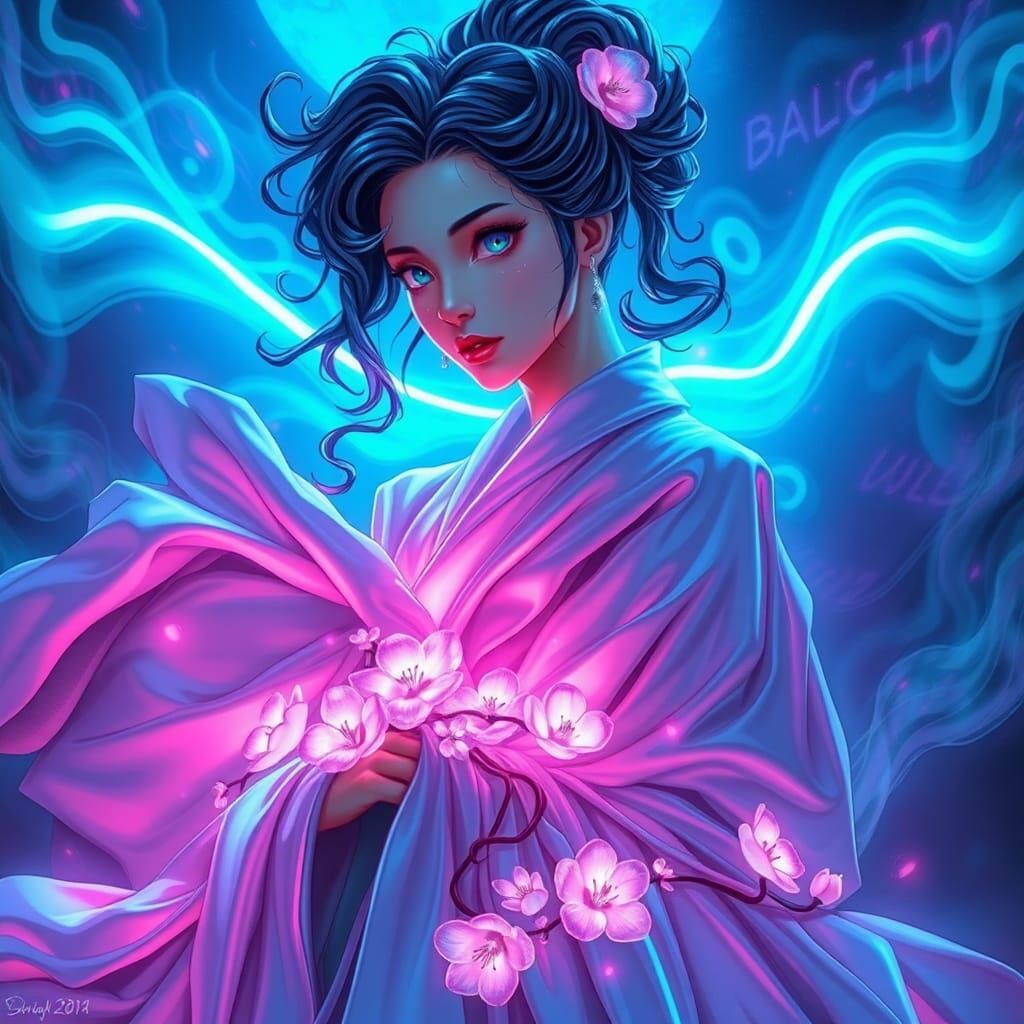 Neon Lit Fantasy Robe, Anime Concept Art