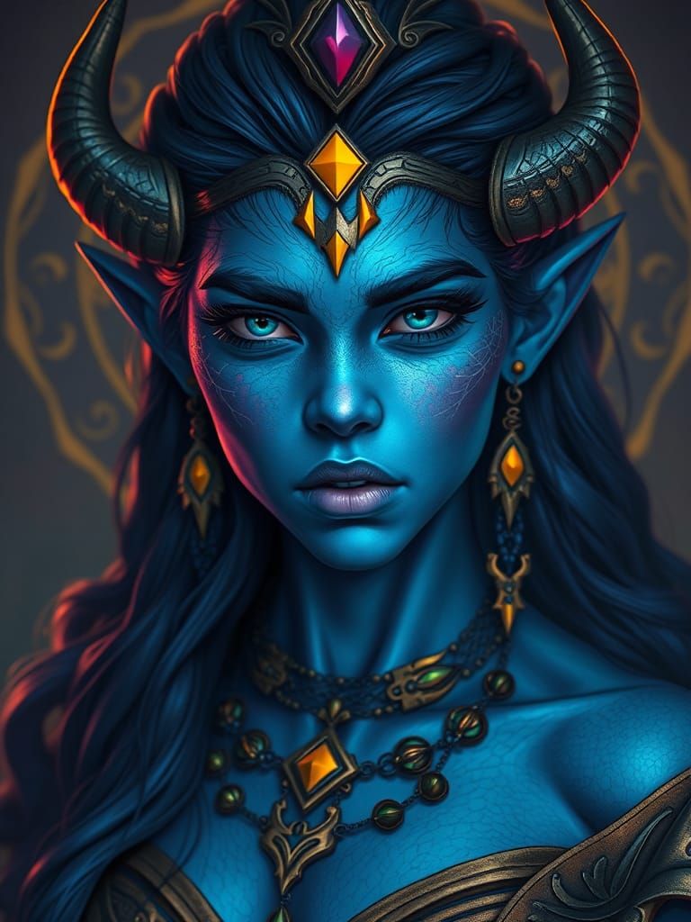 Blue Ork Woman Portrait in Art Nouveau Style