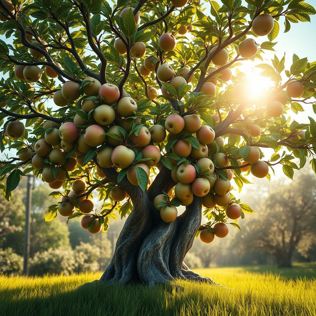 Surreal Apple Tree with Faces in Eden Garden