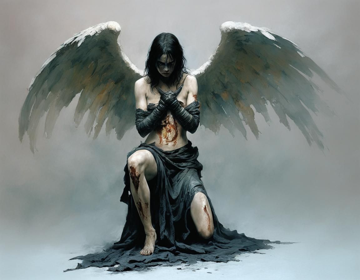 Fallen Angel Kneeling in Hell, Dark Fantasy Art
