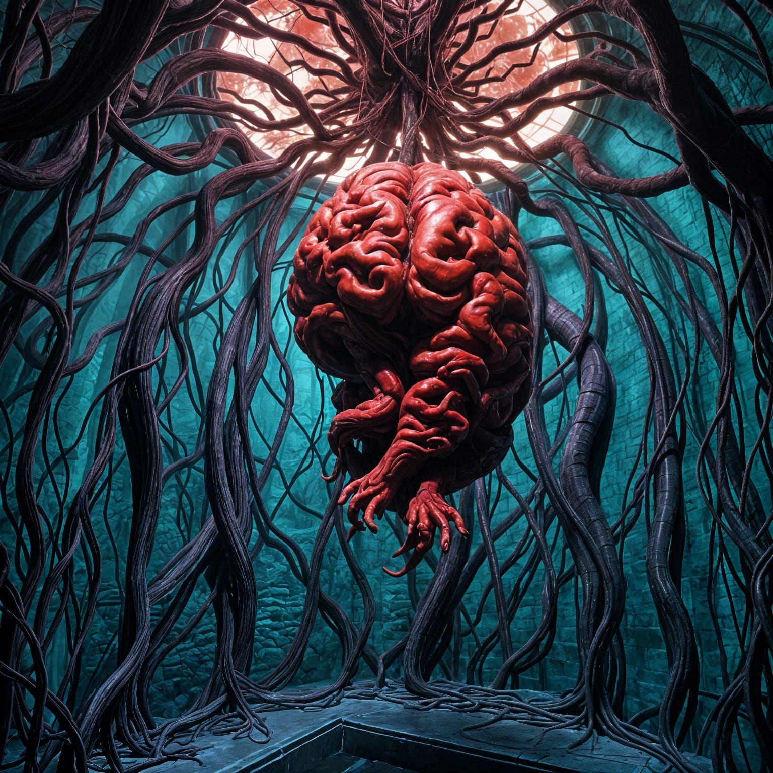 Gothic Brain Chamber in a Macabre, Bioluminescent Lair