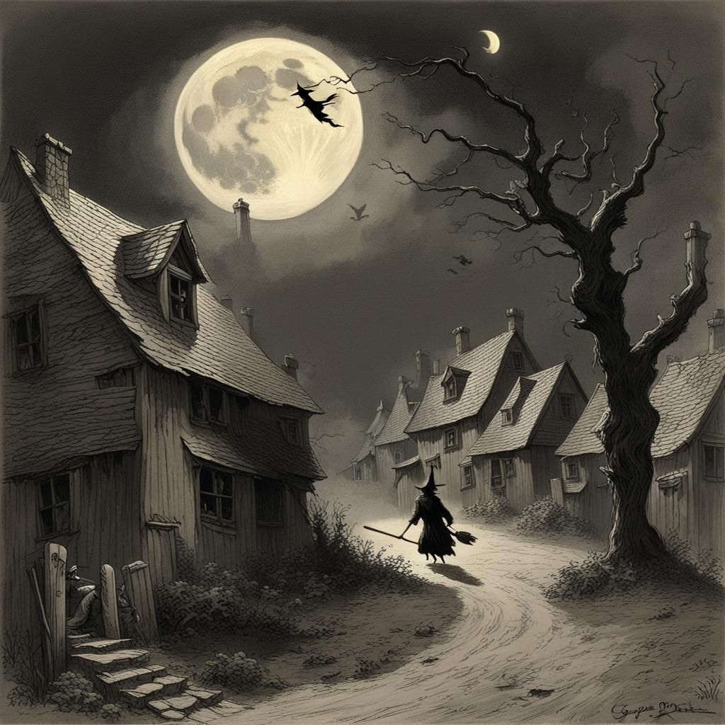 Haunted Village with Witch in Moonlight