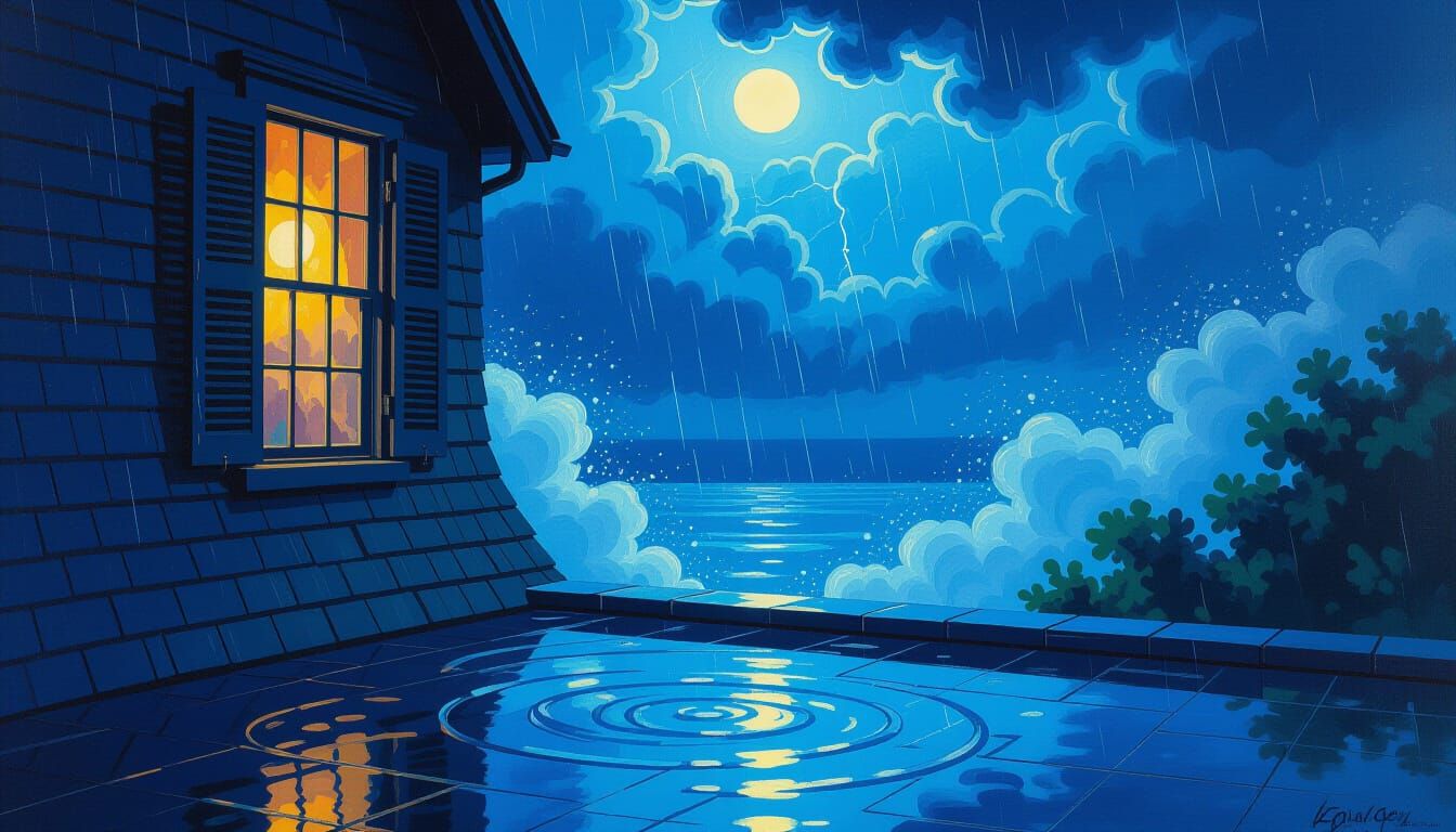 Stormy Night Oil Painting with Low Sky and Foam Puddles