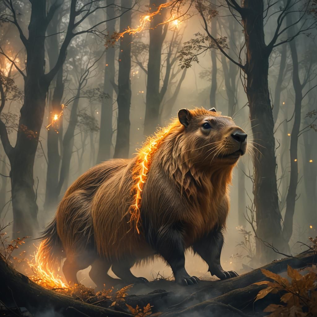 Ethereal Glowing Capybara-Wolf in Misty Forest