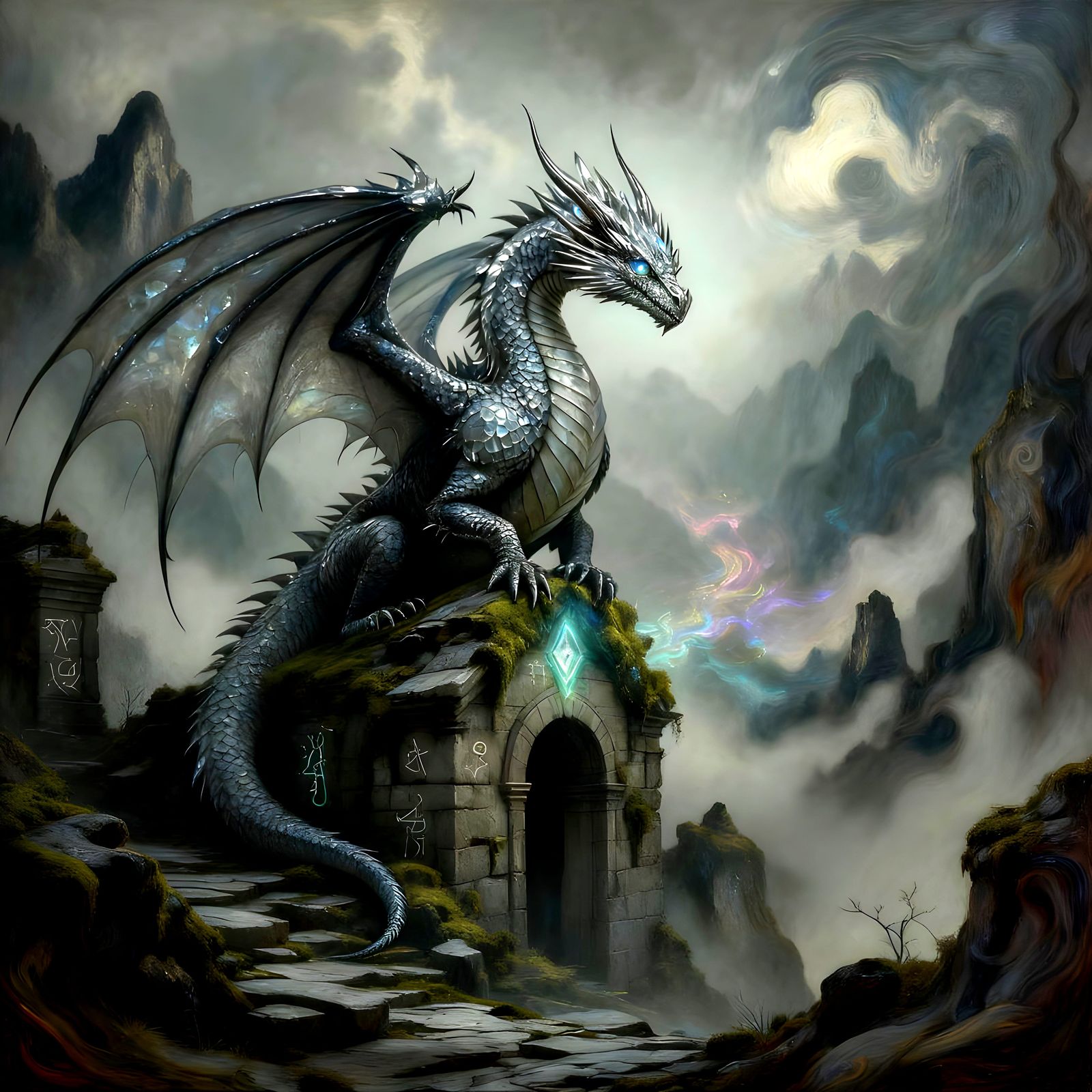 Ancient Crystal Dragon on Ruin in Misty Valley