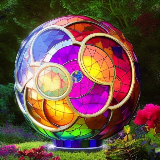 Luminous Stained Glass Sphere in Magical Forest