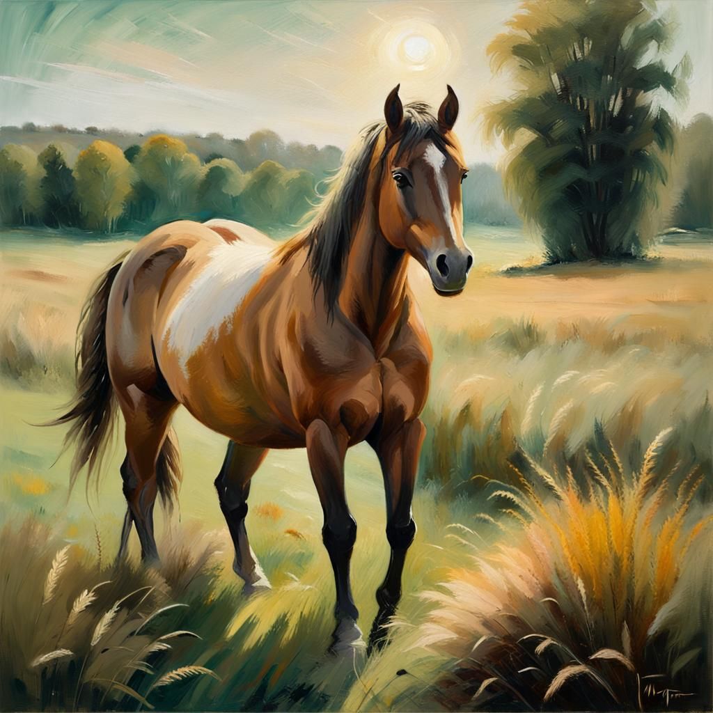 Horse in Field: Impressionistic Oil Painting