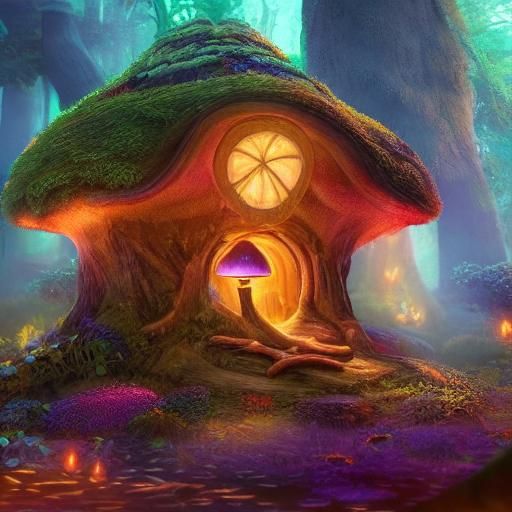 Enchanted Mushroom House in Bioluminescent Forest
