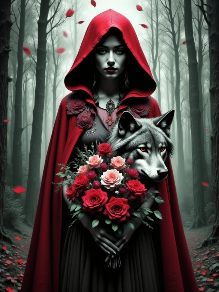 Little Red Riding Hood with Wolf in Enchanting Forest