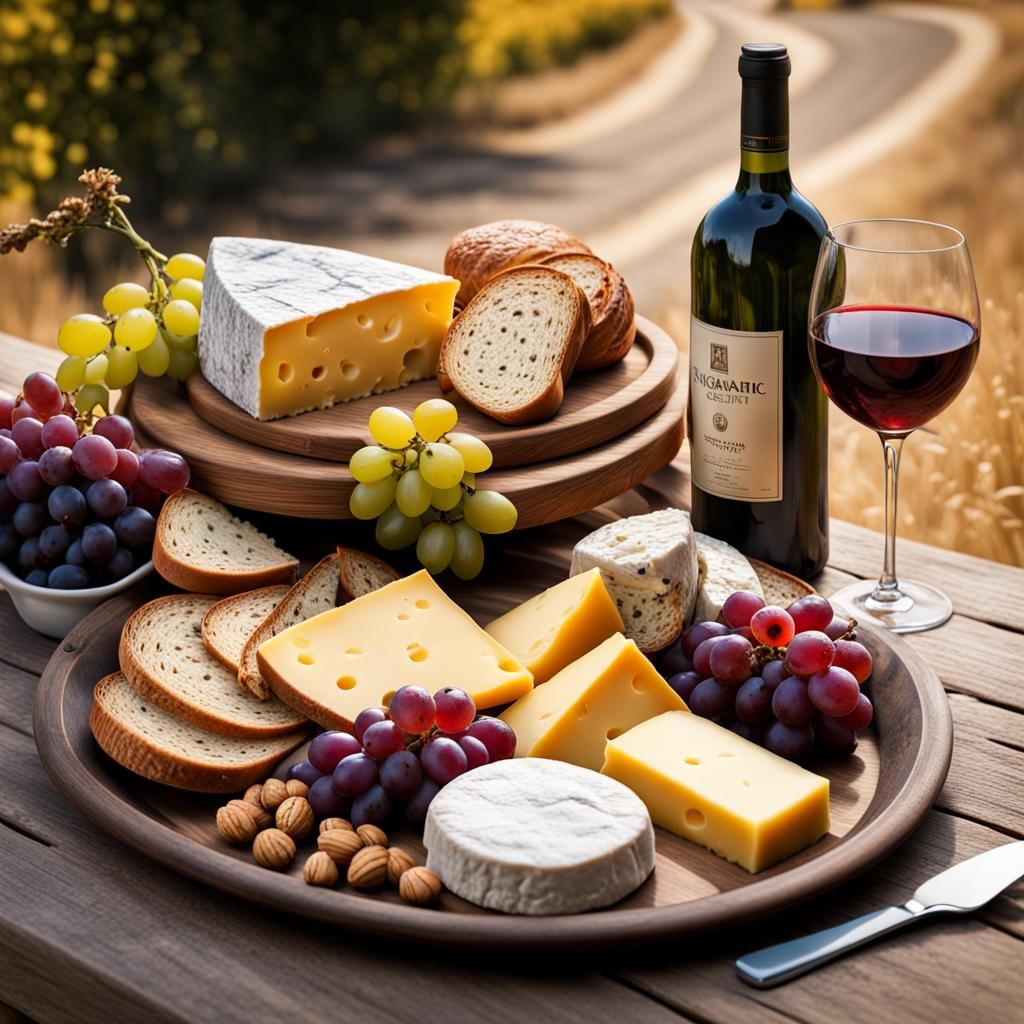 Cheese, Bread, Wine Platter in Sunny Provence