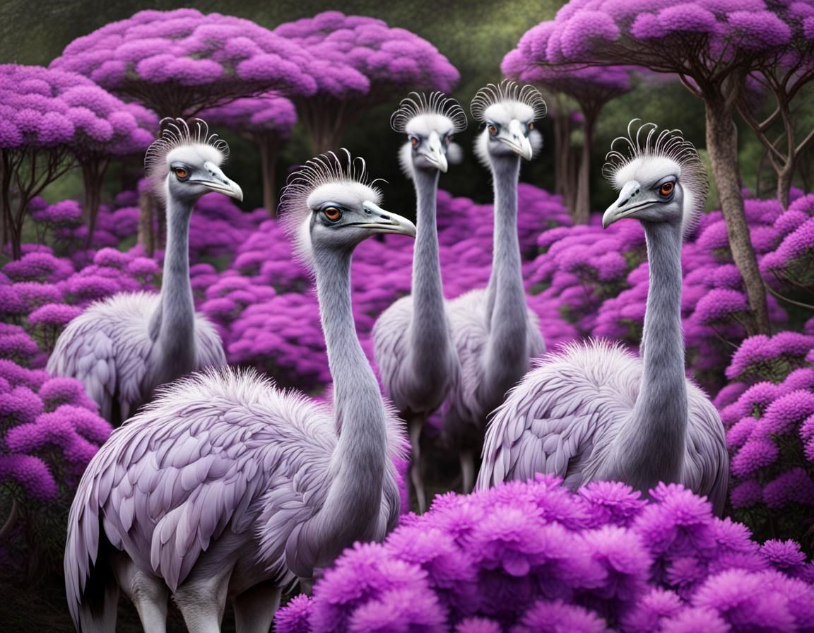 Cybernetic Rheas in Synchronized Flock Among Azaleas