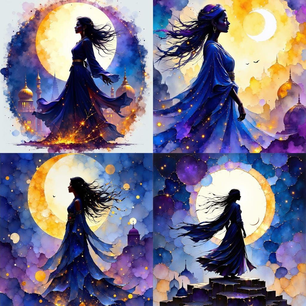 Scheherazade Silhouette in Watercolor, Arabian Nights Fantas...