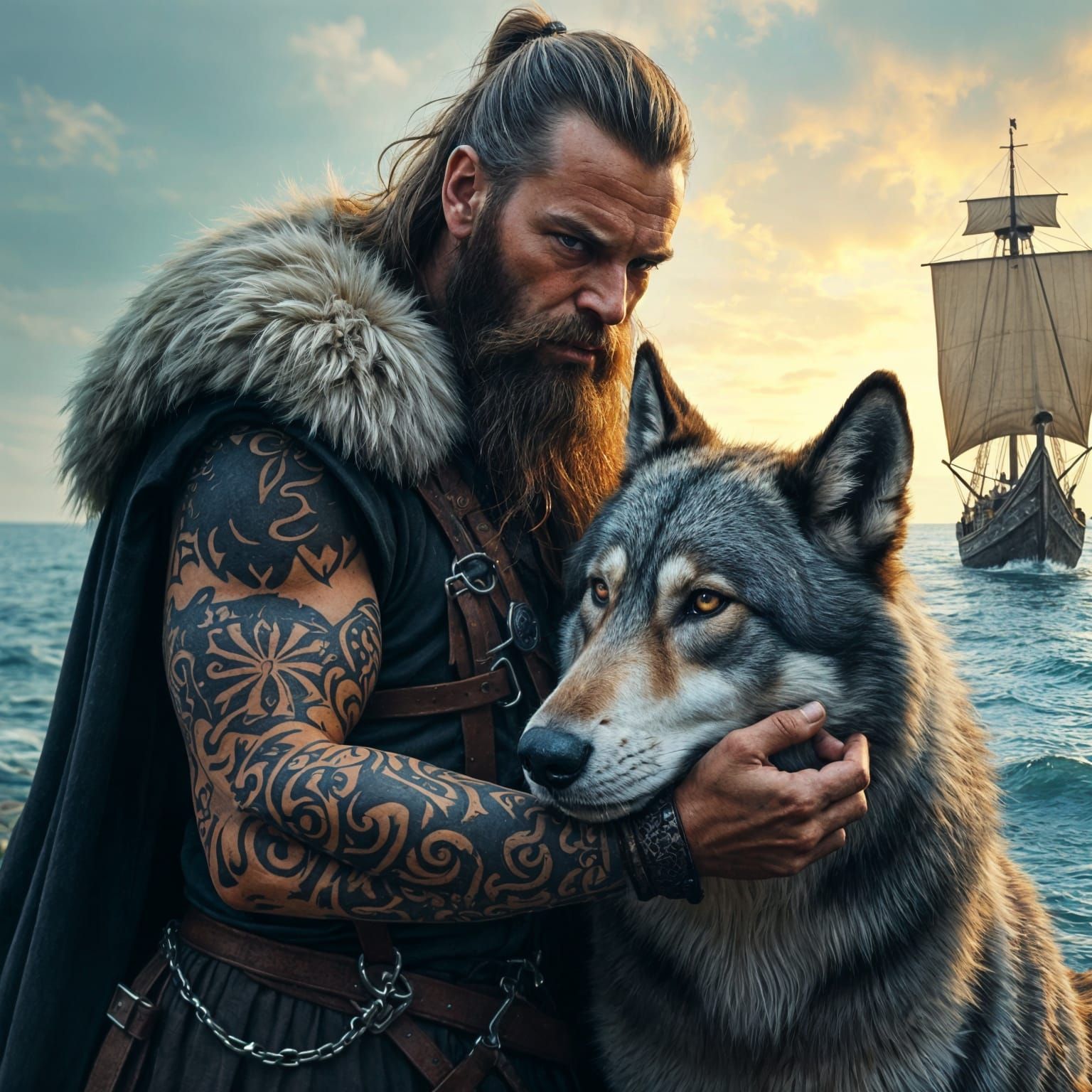 Viking Warrior and Wolf in Hyperrealistic Splash Art