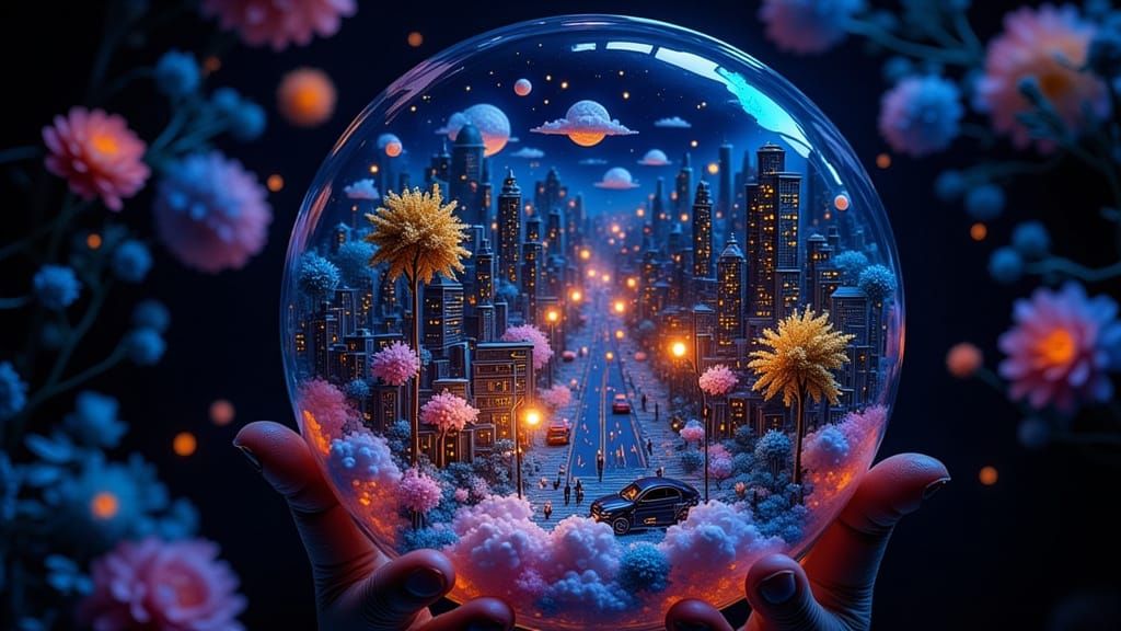 Steampunk City in Crystal Vase with Luminous Flowers