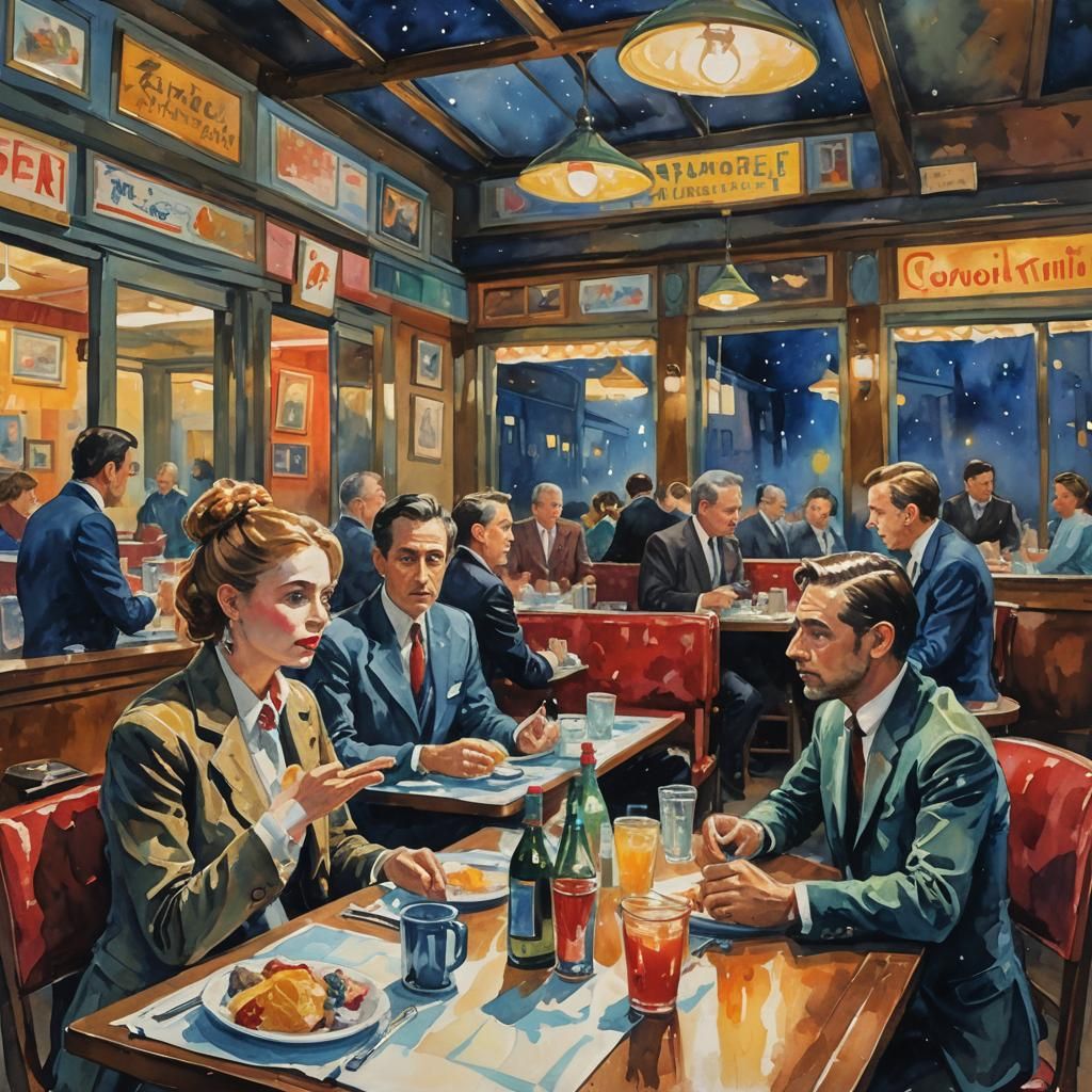 Diner at Night in Gouache Watercolor Style