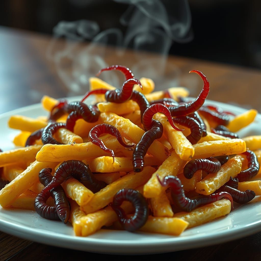 Golden Fries Infested with Wiggling Worms in Realistic Style