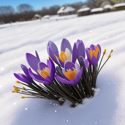 Crocus Flowers Emerging Through Spring Snow