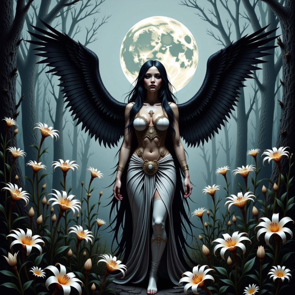 Aphrodite in Soft Chiaroscuro among Vibrant Moon Lilies