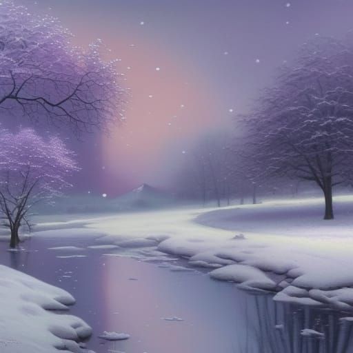 Snowy Lilac Winter Landscape Oil Painting