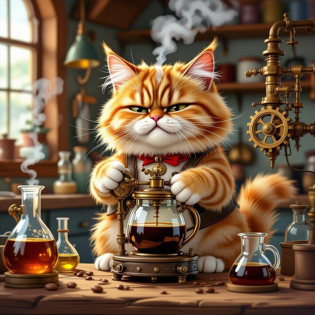 Steampunk Cat Frantically Brews Coffee in Workshop