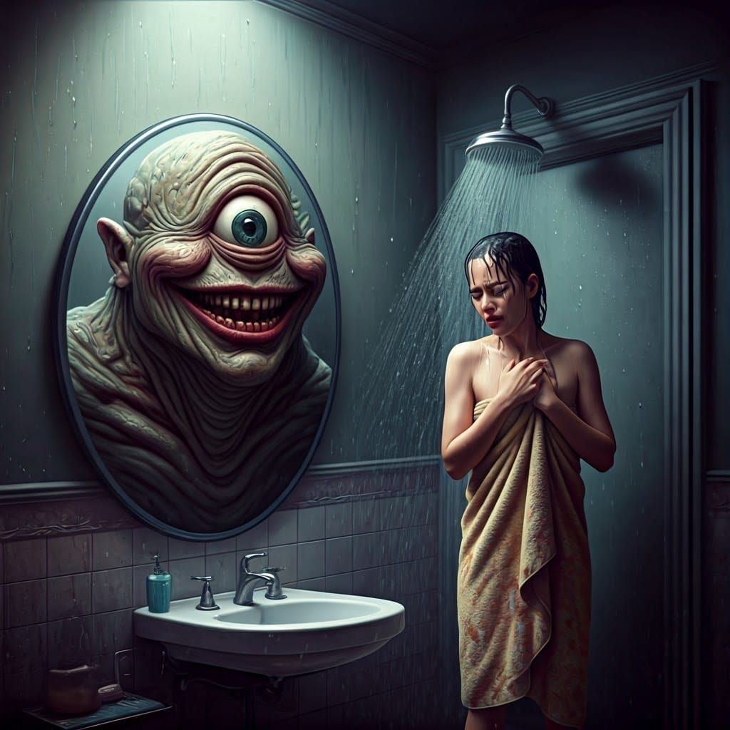 Grotesque One-Eyed Monster Laughing in Foggy Mirror