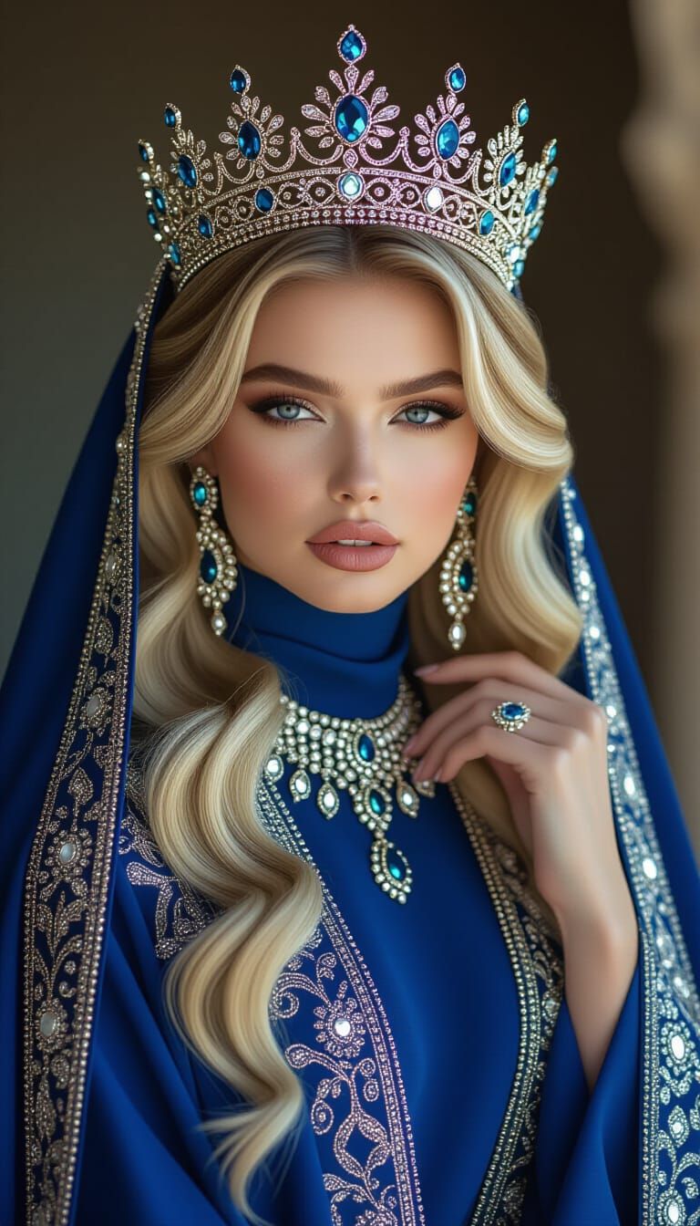 Majestic Blonde Princess with Crown in Blue Abaya